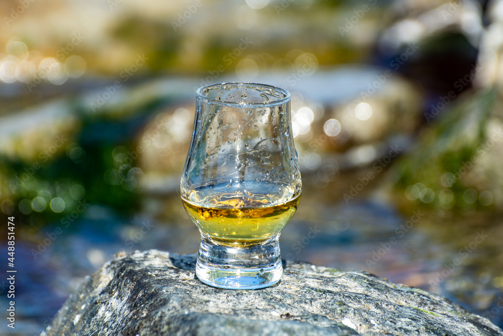 Tasting of single malt or blended Scotch whisky and blue sea with stones and oysters on background, private whisky tours in Scotland, UK Tasting of single malt or blended Scotch whisky and blue sea with stones and oysters on background, private whisky tours in Scotland, UK