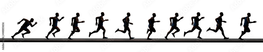 100 meter run, sequence of a person running on a running track. 3d rendering. Speed race, record. Sport and running. Athlete in the backlight
