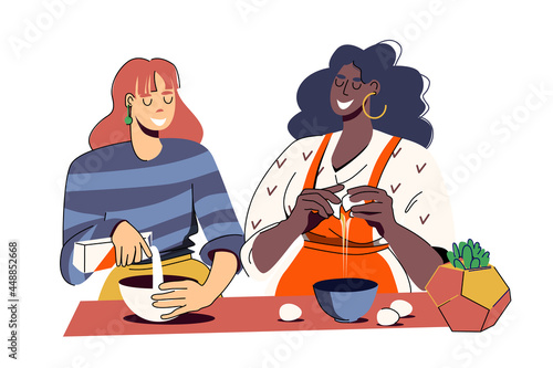 Two young different beautiful women cook together: break eggs, pour milk. A culinary master class or just a meeting of friends in a modern kitchen. Vector illustration isolated on white background