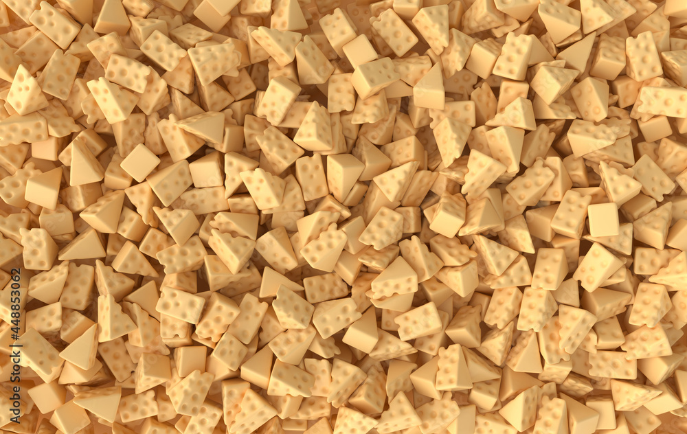 Lots of of maasdam cheese pieces on yellow background 3d rendering. A pile of toy cheese slices Lots of of maasdam cheese pieces on yellow background 3d rendering. A pile of toy cheese slices