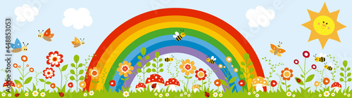 Colorful panoramic illustration with clouds  a smiley sun and rainbow. A landscape full of beautiful and different types of flowers with grass  lots of butterflies and bees.