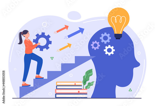 Upskilling and training concept. Employee training and coach for positive progress. Woman climbs stairs to brain. New knowledge. Cartoon flat vector illustration isolated on a white background