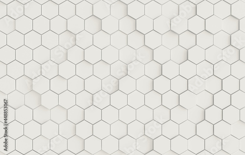 Hexagonal abstract background. Modern cellular honeycomb 3d panel with white hexagons. Ceramic, plastic tile. 3d wall texture. Geometric background for interior wallpaper design
