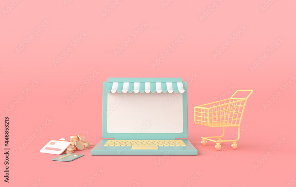 Laptop, shopping cart and stack of coins, credit cards 3d rendering. Online shopping and delivery concept. Laptop, shopping cart and stack of coins, credit cards 3d rendering. Online shopping and delivery concept.