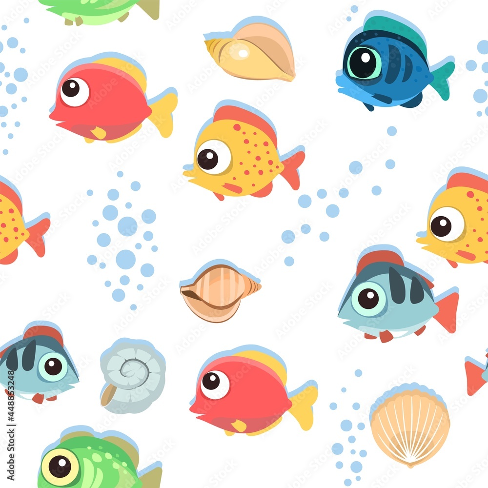Naklejka premium Funny funny fish. The bottom of the reservoir. Sea ocean. Bubbles. Underwater landscape with plants, algae and corals. Seamless. Illustration in cartoon style. Flat design. Vector art