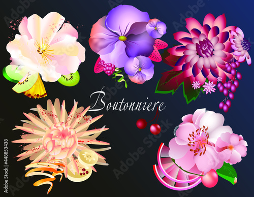 Vector illustration.Set of beautiful boutonnieres from flowers and fruits. For additional decoration of cards and invitations or as a stand-alone item
