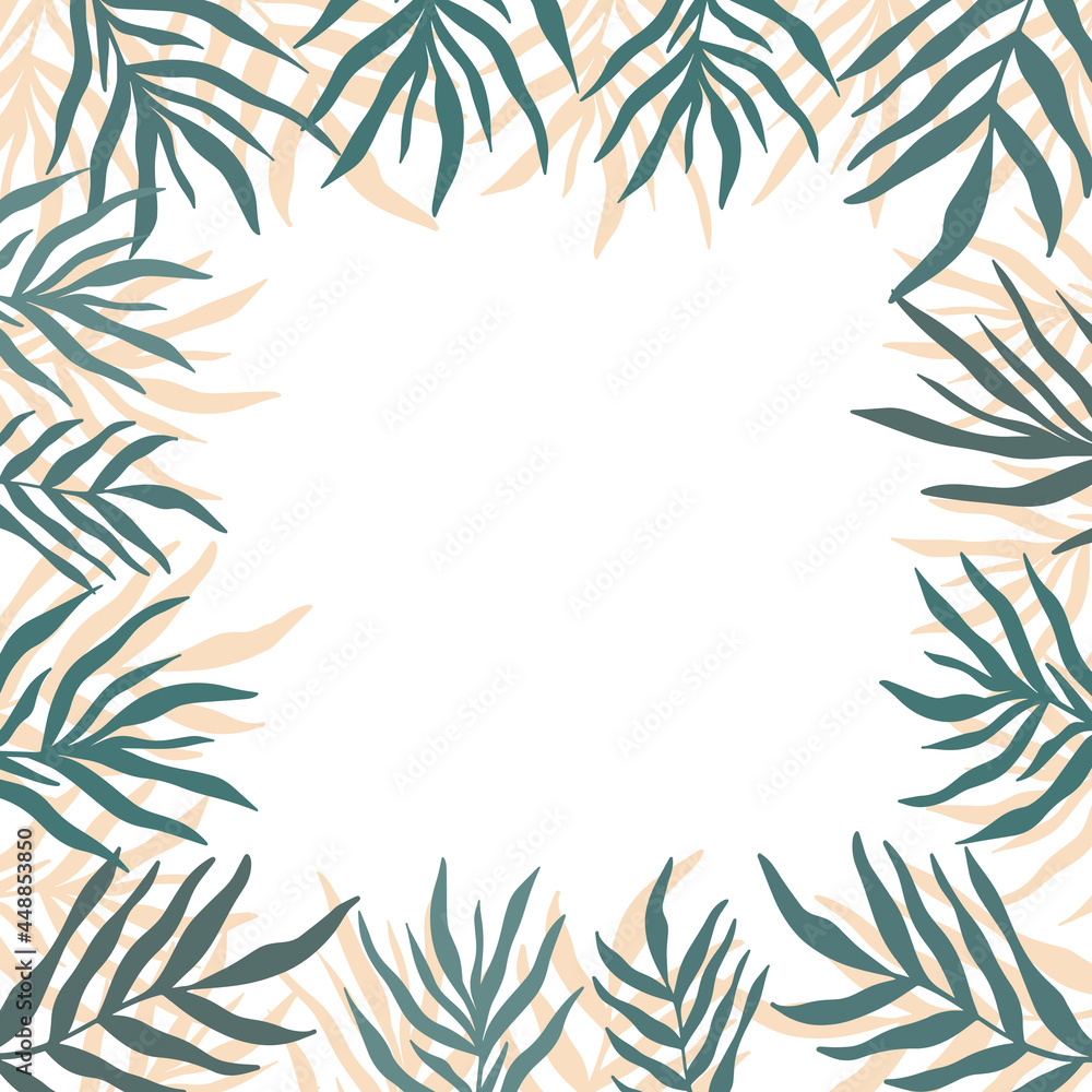 Fototapeta premium Summer square frame with elegant palm leaves teal foliage silhouette. Seasonal vacation design. Hand drawn abstract vector palm floral background border isolated on white. Copy space.