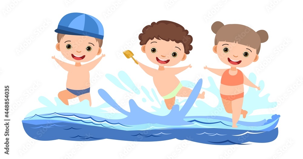 Children fun and splashing in water. Swimming, diving and water sports. Pool or beach. Isolated on white background. Illustration in cartoon style. Flat design. Vector art