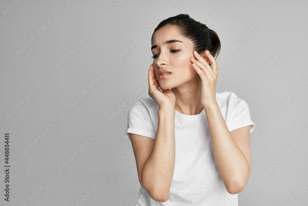 brunette with headache holding her head emotions migraine discontent brunette with headache holding her head emotions migraine discontent