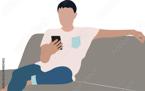 hombre chateando, sentado en un sillón mirando su celular. fondo transparente