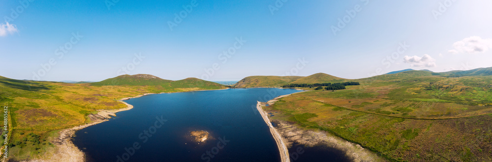 panorama aerial view of the water shortages as levels drop in spelga dam reservoir when heat wave hit Norhtern Ireland