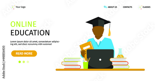 Vector banner. Online education concept. African student studying 