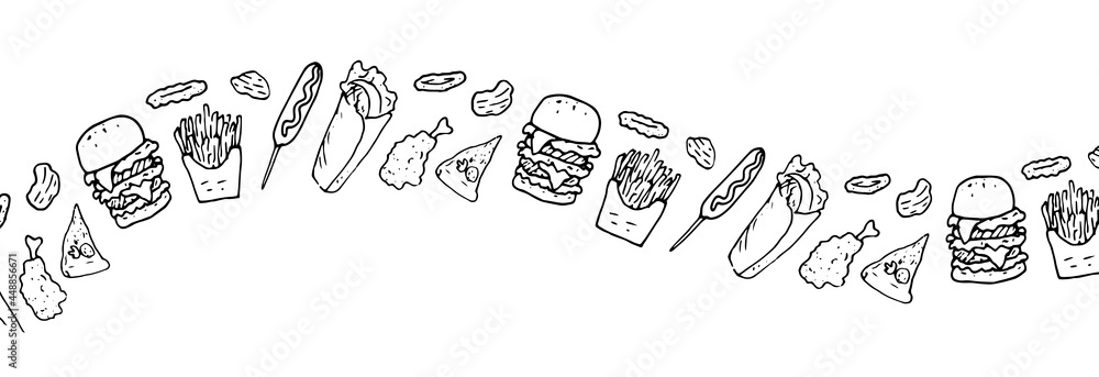 Vector horizontal strip from fast food. Long wavy strip of fast food elements, hamburger, onion rings, chips, shawarma, chicken leg, French fries, isolated black outline on a white background for a de