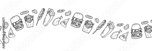 Vector horizontal strip from fast food. Long wavy strip of fast food elements, hamburger, onion rings, chips, shawarma, chicken leg, French fries, isolated black outline on a white background for a de