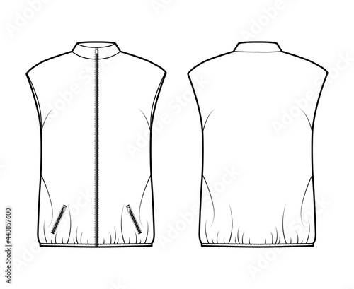 Down vest puffer waistcoat technical fashion illustration with sleeveless, stand collar, zip-up closure, pockets, oversized, hip length. Flat template front back grey color style. Women top CAD mockup