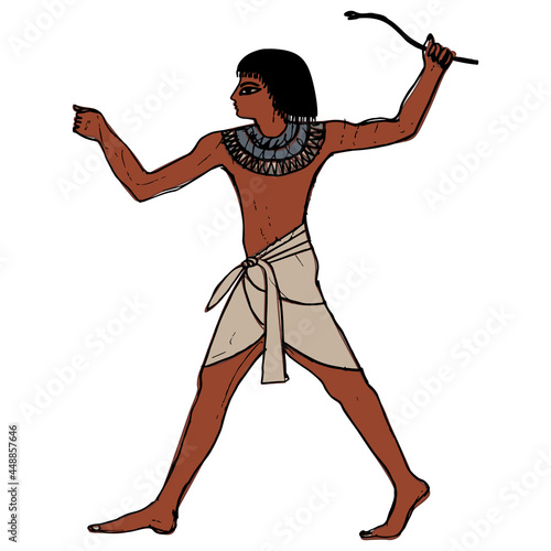 Standing ancient Egyptian man or pharaoh holding a snake wand. Hand drawn colorful rough sketch. Black silhouette on white background.