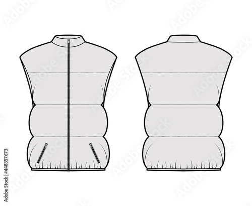 Down vest puffer waistcoat technical fashion illustration with sleeveless, stand collar, oversized, hip length, wide quilting. Flat template front, back, grey color style. Women, men, top CAD mockup