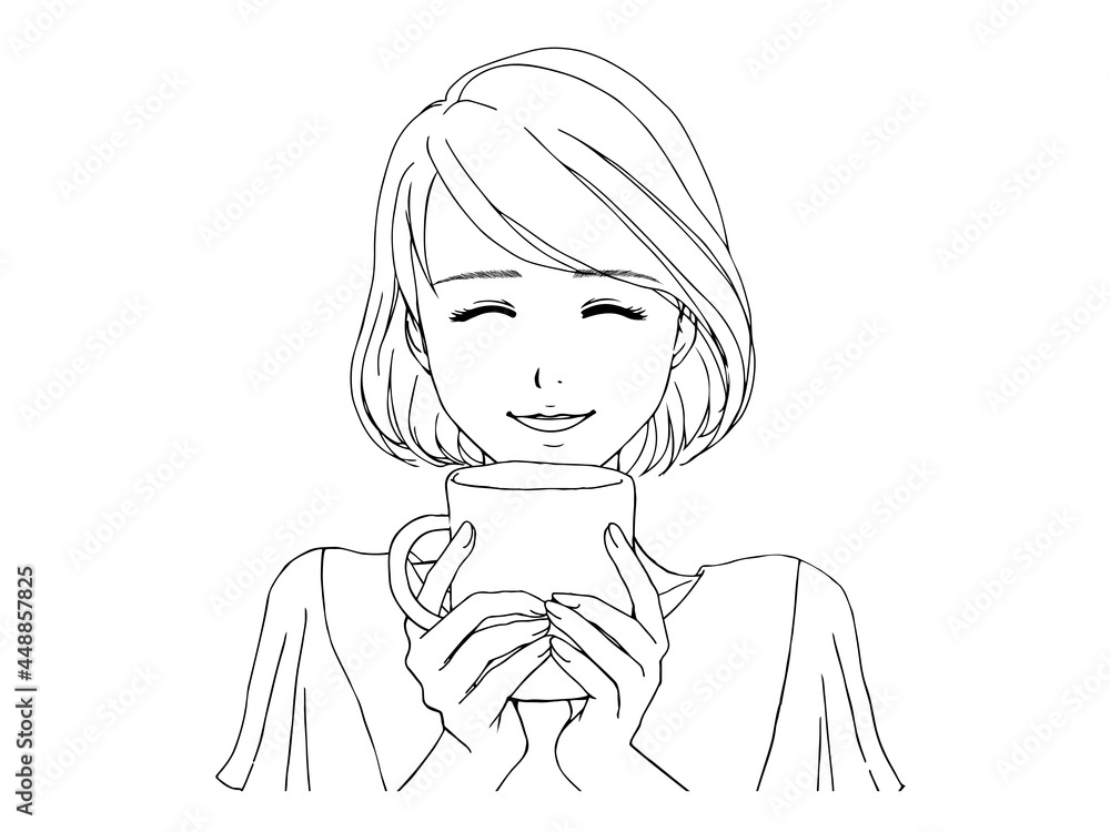 夏服の女性_正面_笑顔_マグカップ_線画 夏服の女性_正面_笑顔_マグカップ_線画