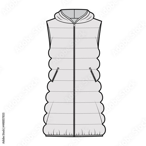 Down vest puffer waistcoat technical fashion illustration with hoody collar, zip-up closure, loose body, classic quilting. Flat template front, grey color style. Women, men, unisex top CAD mockup