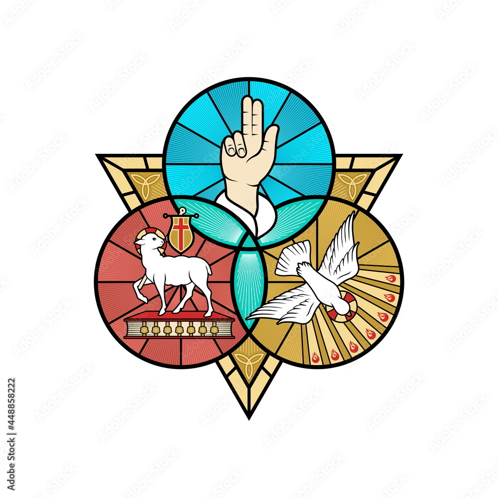 Christian illustration. The magnificent seal of the Holy Trinity: God the Father, God the Son and God the Holy Spirit. Indication of the symbols of the eternity of God - alpha and omega. - obrazy, fototapety, plakaty 
