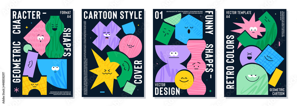 Poster set with cute cartoon geometric figures with different face emotions, funny print idea for kids. Colorful characters with textures, trendy vector illustrations, basic various figures for
