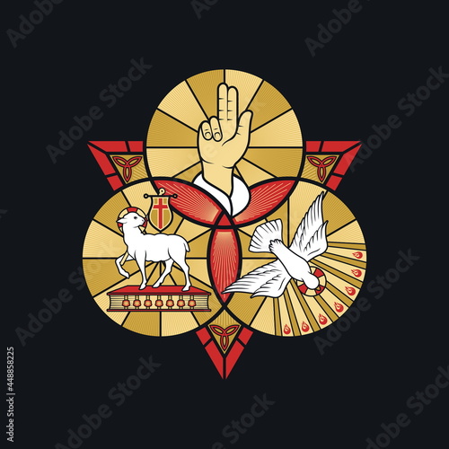 Christian illustration. The magnificent seal of the Holy Trinity: God the Father, God the Son and God the Holy Spirit. Indication of the symbols of the eternity of God - alpha and omega. photo