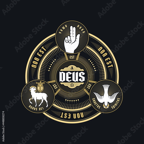 Christian illustration. The magnificent seal of the Holy Trinity: God the Father, God the Son and God the Holy Spirit. Indication of the symbols of the eternity of God - alpha and omega.