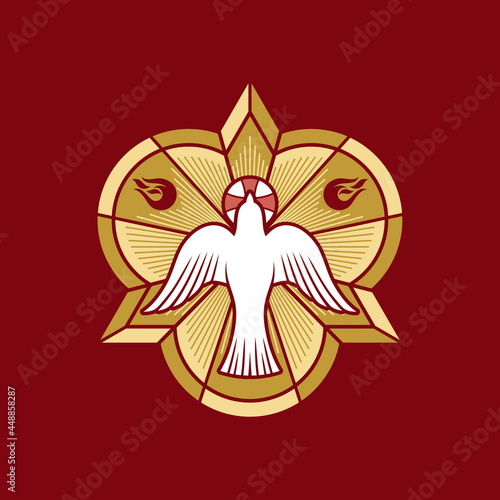 Christian illustration. The image of a dove - a symbol of the Holy Spirit of God, peace, rest and humility, in the context of the symbol of the Holy Trinity. photo