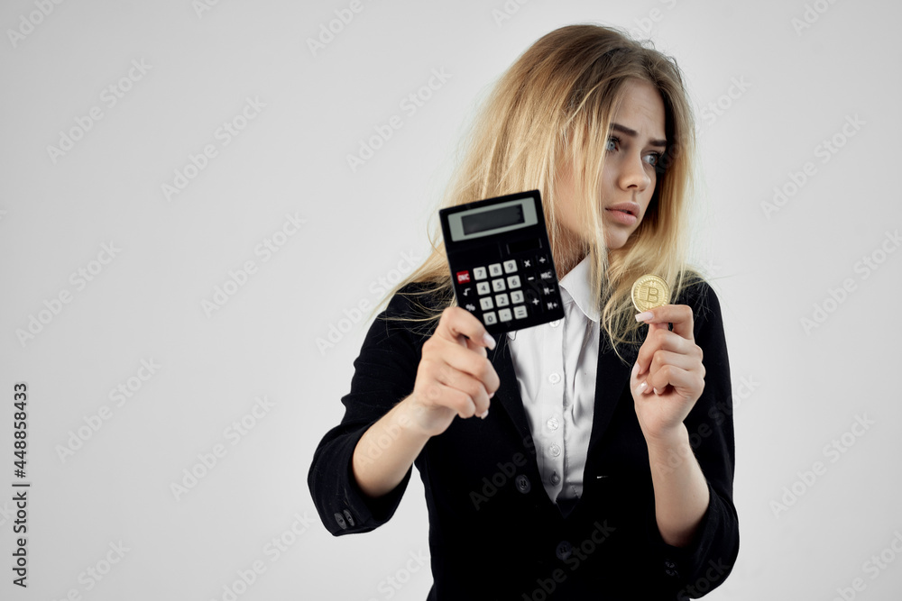 Business woman calculator cryptocurrency investing finance Business woman calculator cryptocurrency investing finance