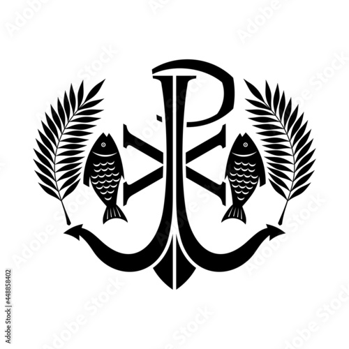 Christian illustration. Monogram of Jesus Christ - Chrismon. The sign of the fish is Jesus Christ, God the Son, Savior.