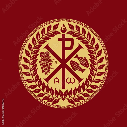 Christian illustration. Monogram of Jesus Christ - Chrismon. The fish and the bunch of grapes are symbols of Christ and spiritual life. Alpha and omega symbols of eternity.