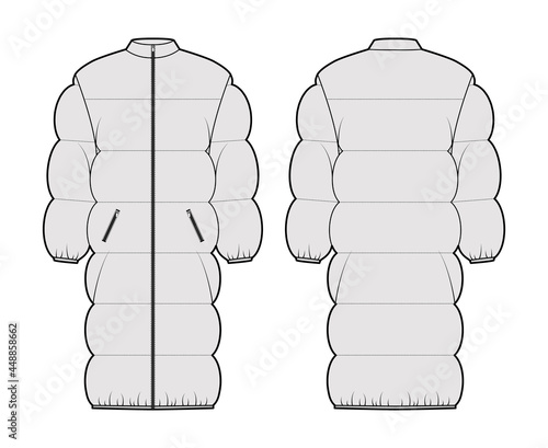Down puffer coat jacket technical fashion illustration with long sleeves, stand collar, oversized, knee length, wide quilting. Flat template front, back, grey color style. Women, men unisex CAD mockup