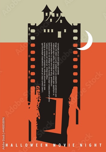 Halloween movie night artistic poster idea with film strip, moonlight and hunted house. Poster art concept for horror movie festival. Cinema vector graphic design template.