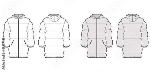 Down puffer jacket coat technical fashion illustration with hoody collar, pockets, oversized, thigh length, wide quilting. Flat template front, back, white, grey color style. Women, men top CAD mockup