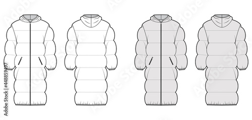 Down puffer coat jacket technical fashion illustration with hoody collar, zip-up closure, knee length, wide quilting. Flat template front, back, white, grey color style. Women, unisex top CAD mockup