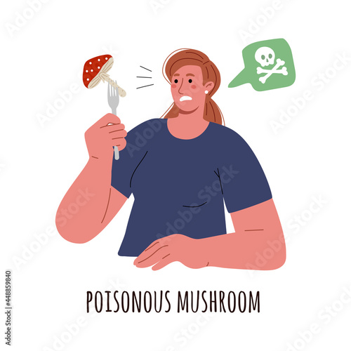 Young woman holds a poisonous amanita mushroom on a fork,facial disgust.Vector flat illustration.