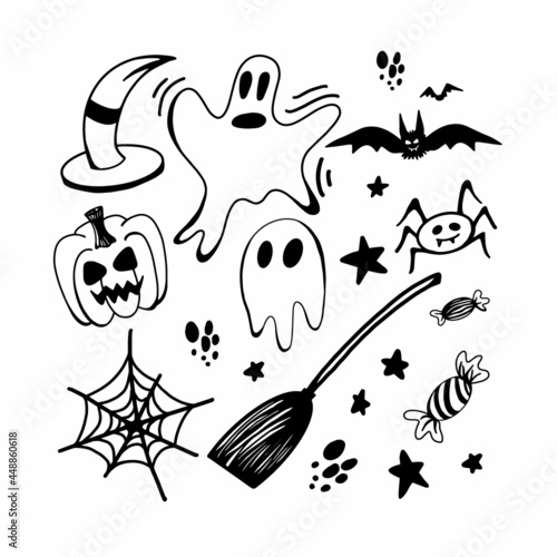 Halloween set of  doodle clipart. Funny, cute illustration for seasonal design, textile, decoration kids playroom or greeting card. Hand drawn prints and doodle.