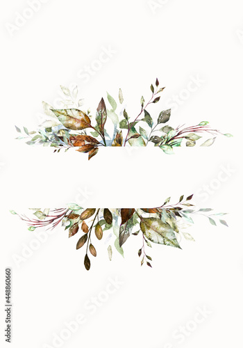 Fototapeta Naklejka Na Ścianę i Meble -  Pale autumn leaves - botanical design banner. Floral pastel watercolor border frame.