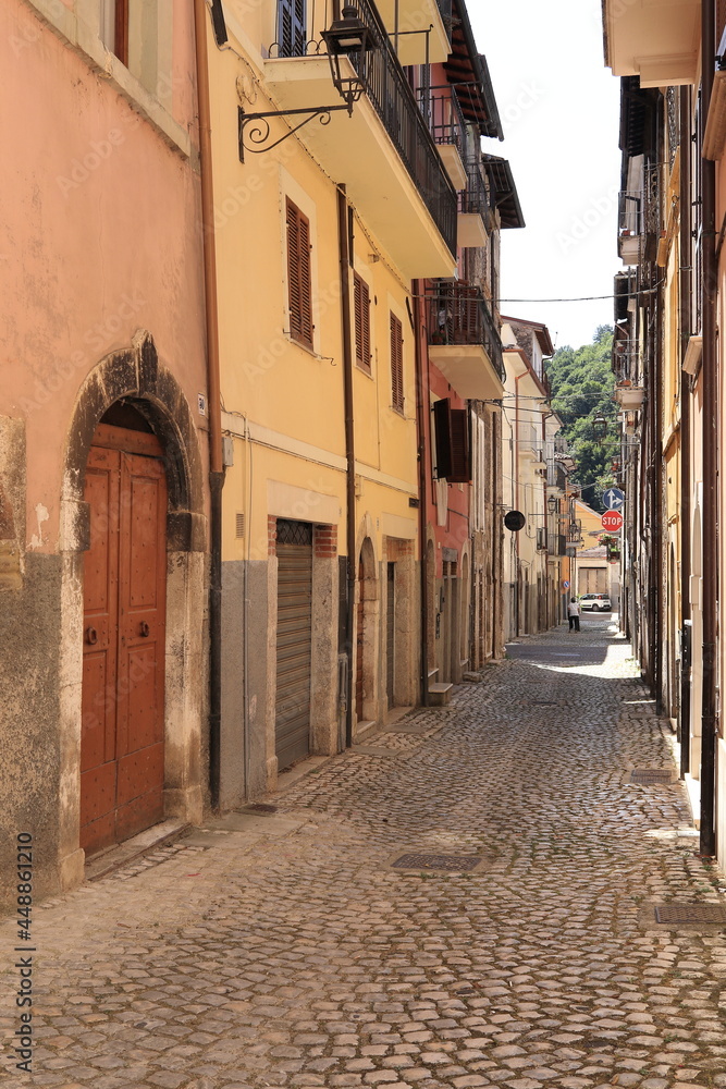 Antrodoco Cobblestone Street View with House Facades, Central Italy