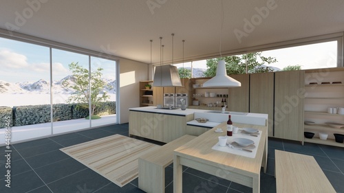 Stylish interior of modern kitchen. 3D rendering.