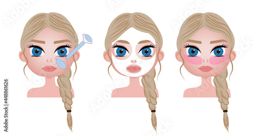 Beauty routine. Beautiful blonde  ladie. Face care concept. Cleansing, moisturizing, treating.  cartoon character.
