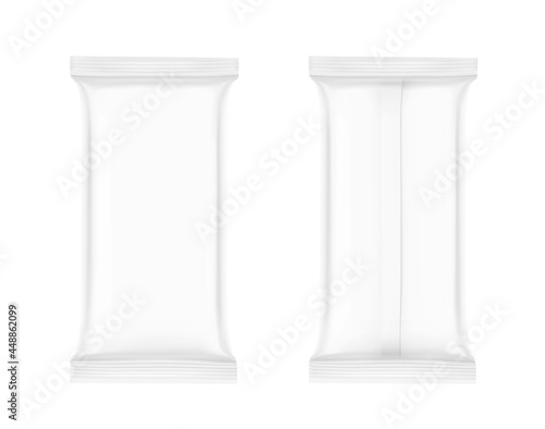 Food flow pack mockup. Front and rear side. Vector illustration isolated on white background. It can be used in the adv, promo, package, etc. EPS10.	