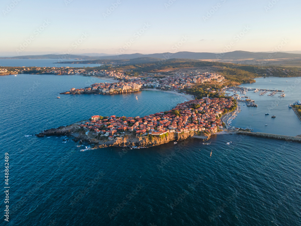 Amazing Aerial sunset view of old town of Sozopol, Bulgaria