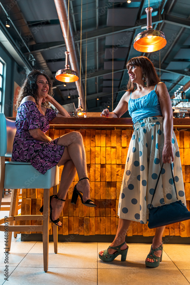 two elegantly dressed women in front of a bar counter in a pub