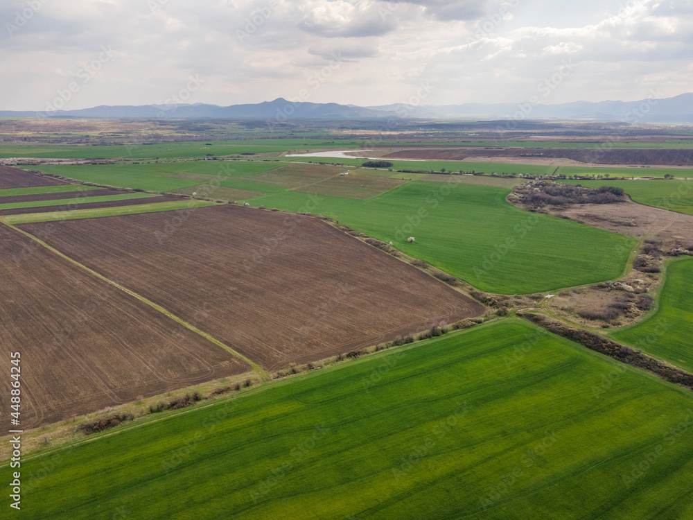 Aerial view of Upper Thracian Plain near town of Parvomay, Bulgaria