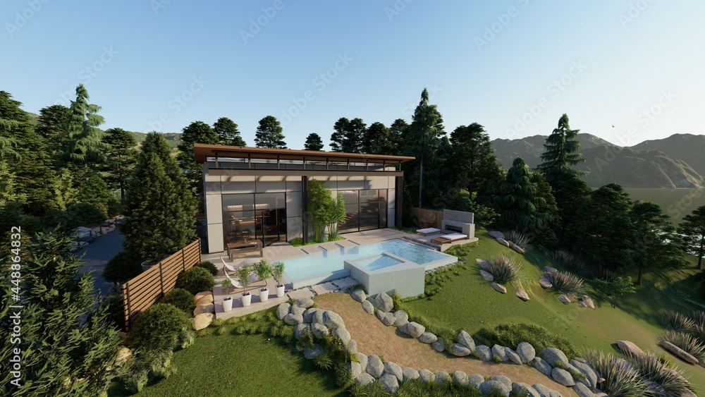 Modern villa with pool and deck with interior. Modern villa with pool and deck with interior.