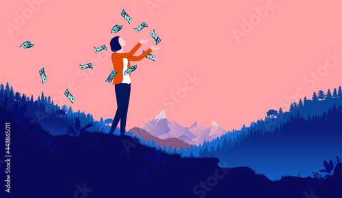 Woman financial freedom - Rich female person outdoors in landscape throwing money in air. Financially independent concept, vector illustration
