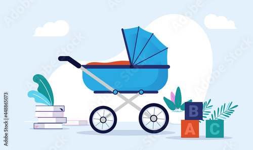 Fotografia Blue baby carriage vector illustration - Pram standing in room with toys and books