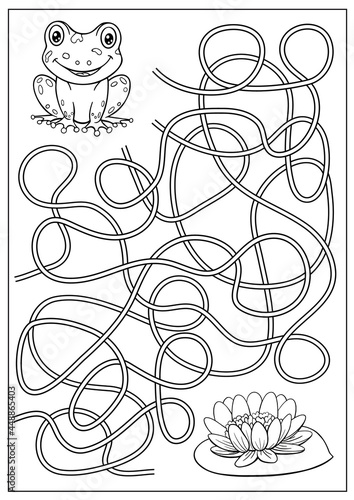 Maze game and coloring page with cute frog. Cartoon labyrinth education puzzle. Find path. Vector kids activity worksheet.