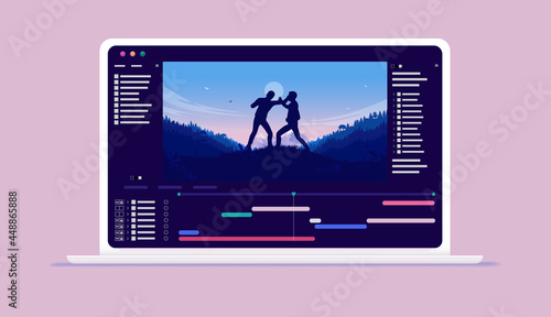 Motion design and visual effect software on computer screen - Film production and editing on laptop. Vector illustration.